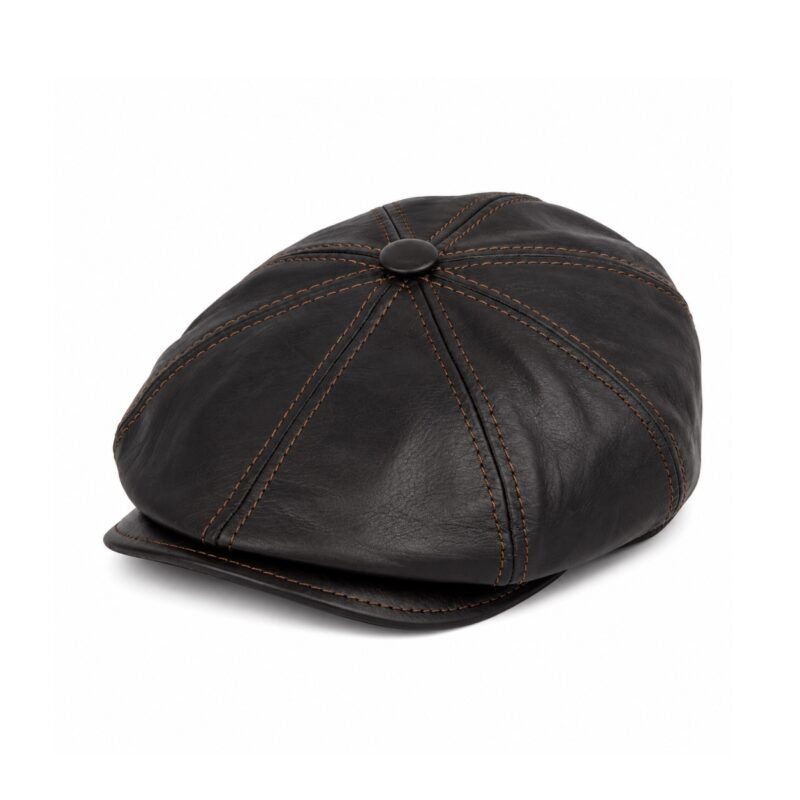 Leather Newsboy Cap for Men – Genuine Sheepskin Flat Cap in Dark Brown