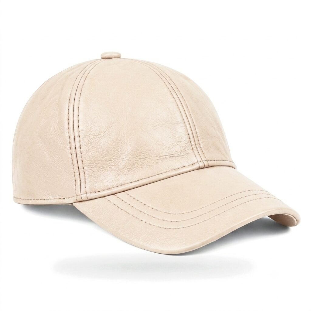 Ivory Leather Cap Genuine Leather baseball cap with curved brim and adjustable back strap.