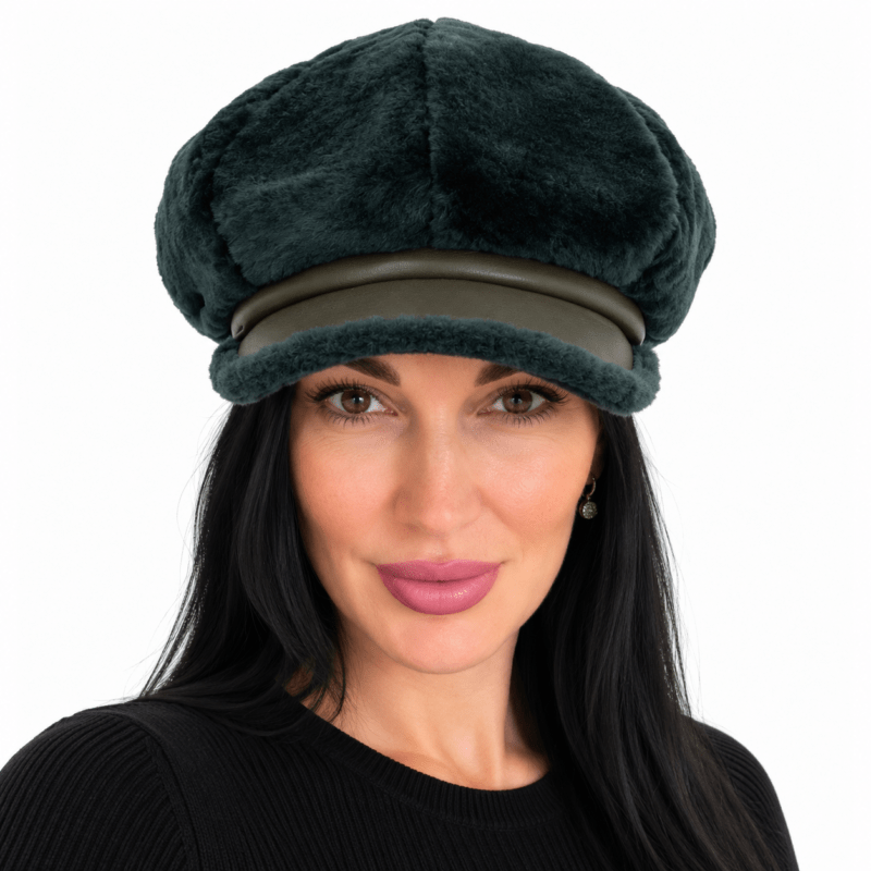 Woman wearing a dark green genuine shearling leather newsboy cap