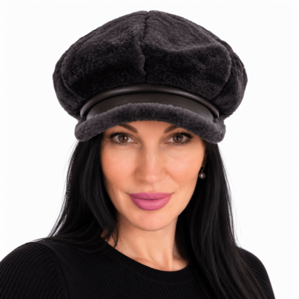 Woman wearing genuine shearling leather newsboy cap